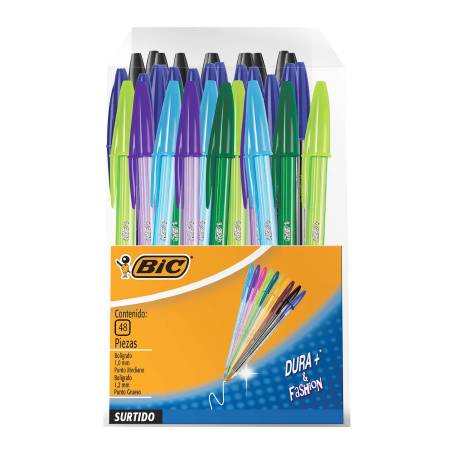 Plumas Bic Cristal Fashion Punto grueso Tinta verde azul morada rosa 4  piezas