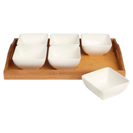 Juego Utensilios de Cocina Porcelana Blanca y Bambú